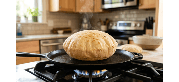 Fresh pita bread puffing up on a modern black skillet on a gas stove