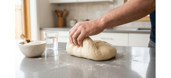 Kneading the soft pita bread dough on a clean quartz countertop
