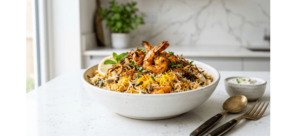 A steaming pot of coastal style prawn biryani garnished with fried onions and fresh coriander