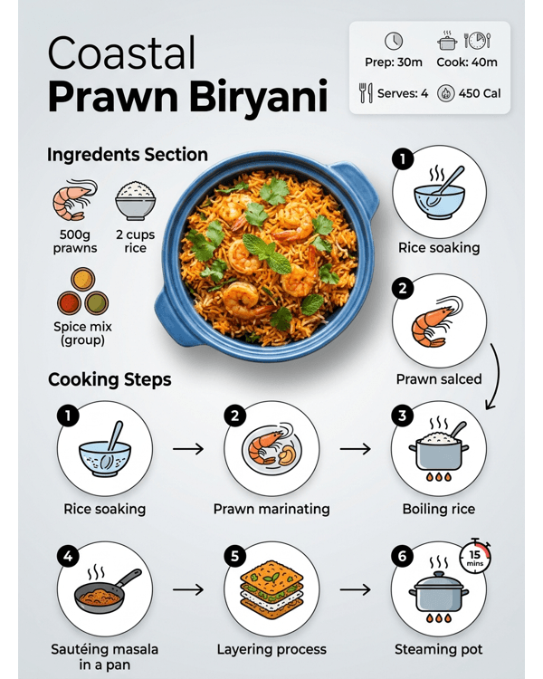 A steaming pot of coastal style prawn biryani garnished with fried onions and fresh coriander