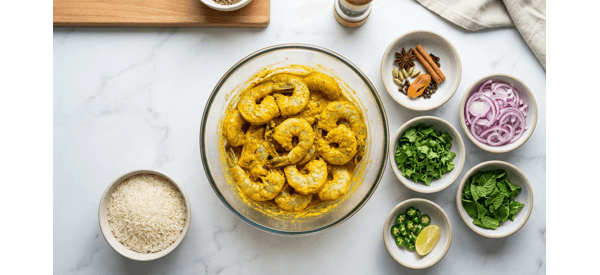 Marinated prawns with spices and yogurt in a modern glass bowl