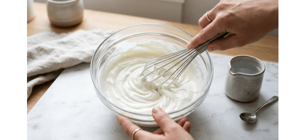 Whisking smooth yogurt and water in a glass bowl to create a consistent buttermilk base Whisking smooth yogurt and water in a glass bowl to create a consistent buttermilk base