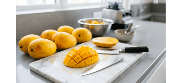 Chopping fresh yellow mangoes on a white marble board Chopping fresh yellow mangoes on a white marble board