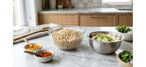 Soaked white peas and mashed potatoes ready for cooking