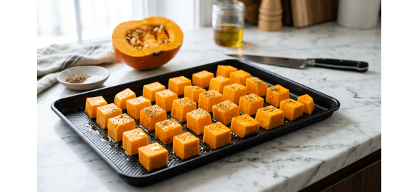 Cubed pumpkin on a baking tray seasoned with spices and olive oil