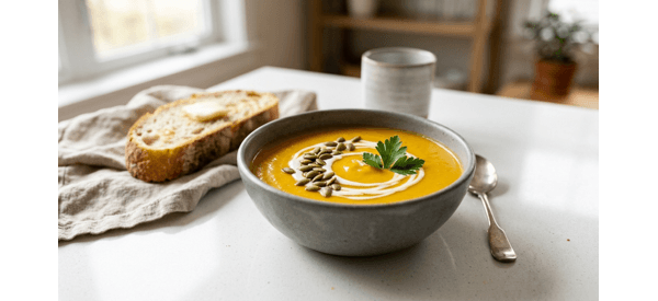 A creamy bowl of pumpkin soup garnished with cream and roasted seeds on a marble countertop