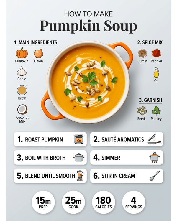 A creamy bowl of pumpkin soup garnished with cream and roasted seeds on a marble countertop