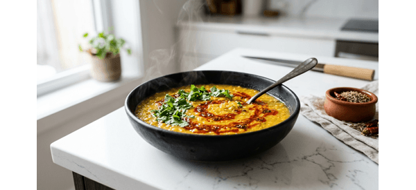 A steaming bowl of Punjabi style Arhar Dal topped with fresh coriander and ghee A steaming bowl of Punjabi style Arhar Dal topped with fresh coriander and ghee