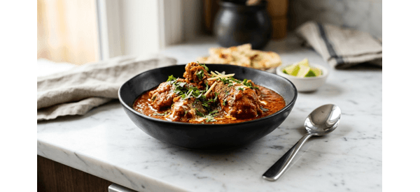 Traditional Punjabi chicken masala served in a copper bowl with cilantro garnish