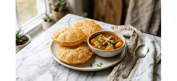 Golden puffed puris served with spicy Punjabi aloo gravy on a white plate Golden puffed puris served with spicy Punjabi aloo gravy on a white plate