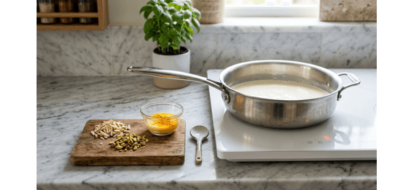 Milk simmering in a pan with cream layers forming on top
