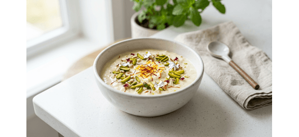 Thick Creamy Sweet Rabdi served in a bowl with saffron and nuts