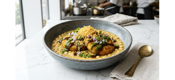 A plate of Mumbai style Ragda Pattice topped with chutneys and sev
