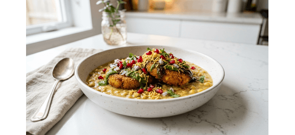 A beautiful plate of Gujarati style Ragda Patties topped with chutneys and sev A beautiful plate of Gujarati style Ragda Patties topped with chutneys and sev