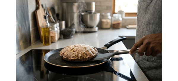Ragi roti cooking on a modern flat griddle with golden brown spots