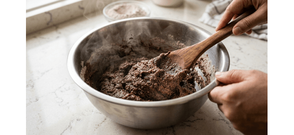 Mixing ragi flour into boiling water in a modern stainless steel pan
