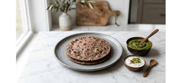 Freshly cooked Ragi Roti served on a modern plate with chutney and yogurt