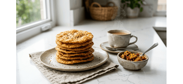 A platter of golden brown crispy Rajasthani Mathri served with mango pickle and chai