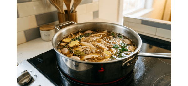 Ramen broth simmering in a modern stainless steel pot on a glass stove top