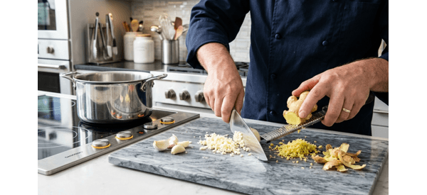 Chopped garlic, ginger, and sliced green onions on a modern white marble countertop
