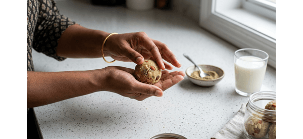 A person shaping round Rava Laddu balls by hand on a white marble countertop