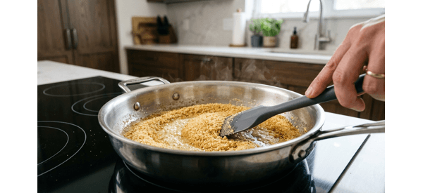 Frying golden cashews and raisins in a modern pan with melted ghee