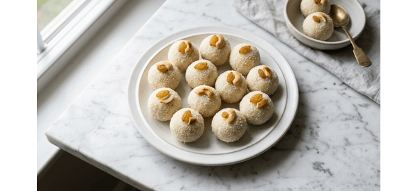 A plate of soft and delicious white Rava Laddu garnished with golden raisins and cashews