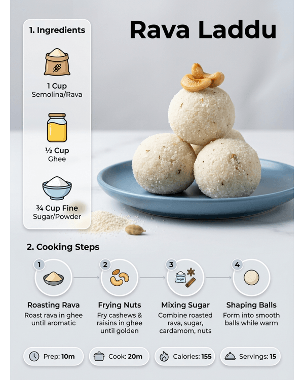 A plate of soft and delicious white Rava Laddu garnished with golden raisins and cashews