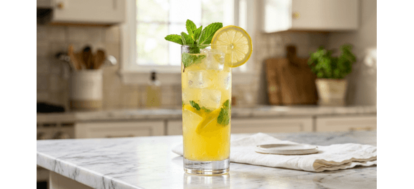 A tall glass of chilled lemonade with fresh mint leaves and lemon slices on a modern white countertop