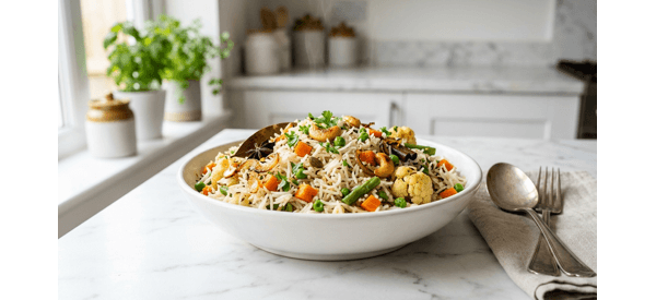A steaming plate of restaurant style veg pulav with long grain basmati rice and colorful vegetables A steaming plate of restaurant style veg pulav with long grain basmati rice and colorful vegetables