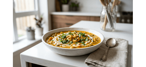 Rich and creamy Mughlai style Kaju Curry served in a white bowl Rich and creamy Mughlai style Kaju Curry served in a white bowl