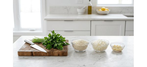 Freshly chopped onions, garlic, and arborio rice on a clean marble countertop
