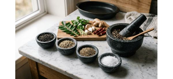 Dry roasting whole peppercorns and cumin seeds in a modern stainless steel pan Dry roasting whole peppercorns and cumin seeds in a modern stainless steel pan