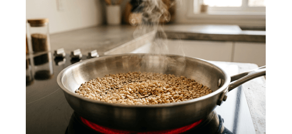 Roasting split black gram in a modern stainless steel pan until golden