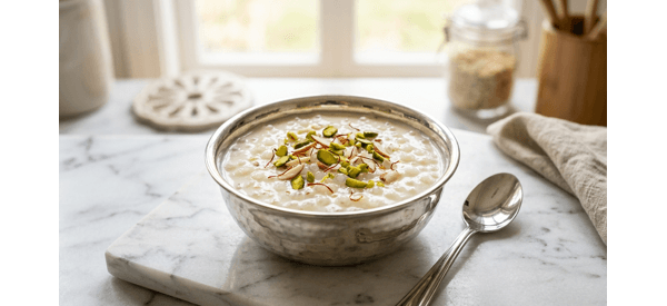 Creamy Sabudana Kheer served in a silver bowl with saffron and nuts