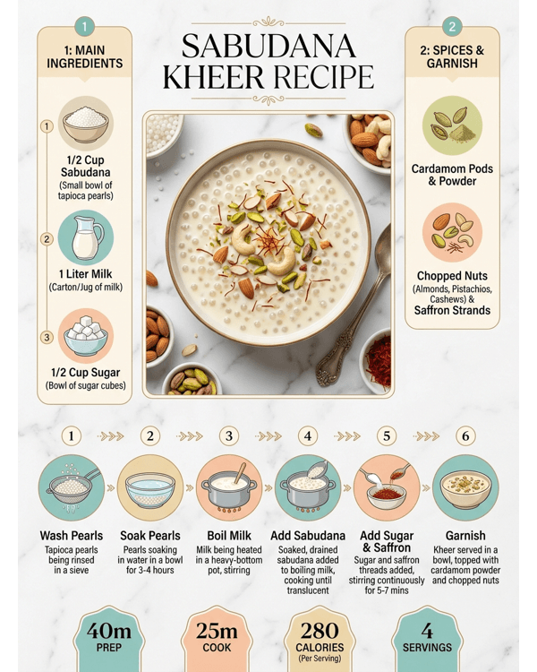 Creamy Sabudana Kheer served in a silver bowl with saffron and nuts