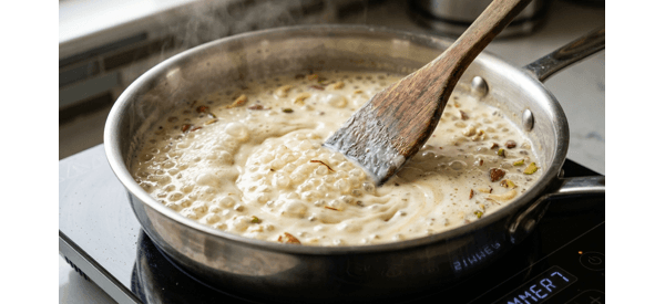 Sabudana pearls simmering in creamy milk in a modern steel pan