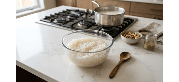Soaked sabudana pearls in a glass bowl showing non-sticky texture