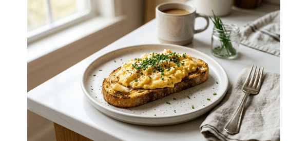 A plate of perfectly creamy scrambled eggs served on toasted sourdough with fresh chives