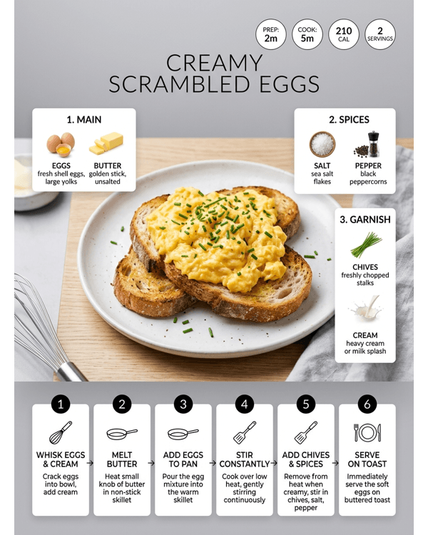 A plate of perfectly creamy scrambled eggs served on toasted sourdough with fresh chives