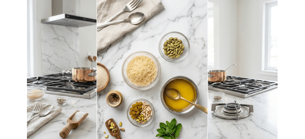 Chopped nuts and measured vermicelli on a white marble countertop