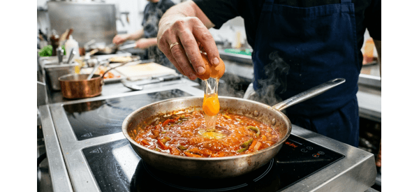 Finished Shakshuka in a skillet garnished with feta and herbs