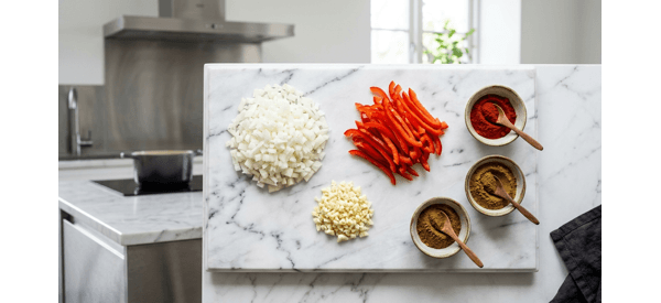 Freshly diced onions and sliced bell peppers on a white marble countertop