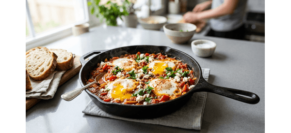 A steaming cast iron skillet of Shakshuka with poached eggs and fresh parsley