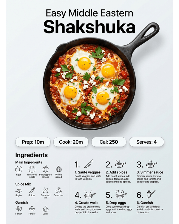 A steaming cast iron skillet of Shakshuka with poached eggs and fresh parsley