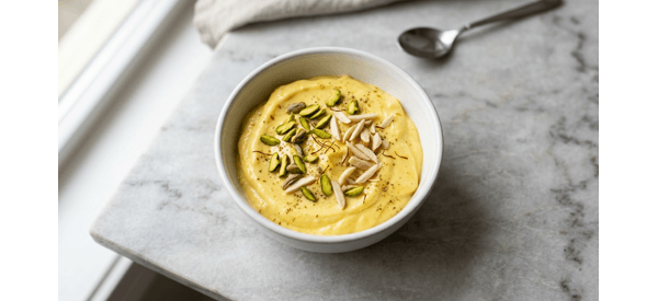 Creamy saffron shrikhand served in a glass bowl with pistachio garnish