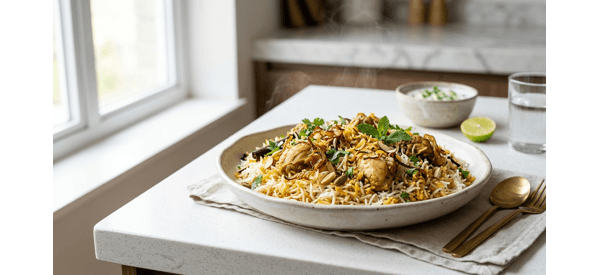 A delicious bowl of Simple Chicken Biryani garnished with fresh coriander and fried onions