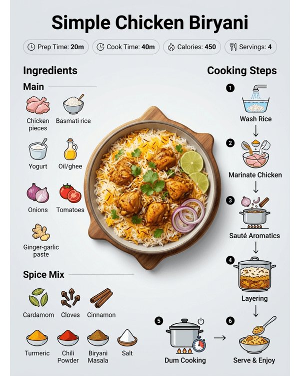 A delicious bowl of Simple Chicken Biryani garnished with fresh coriander and fried onions