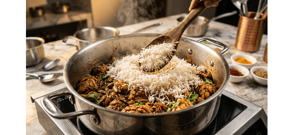 Finished Simple Chicken Biryani in a modern pot with steam rising