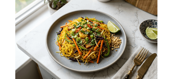 A vibrant plate of Singapore Style Vermicelli with colorful vegetables and fresh herbs